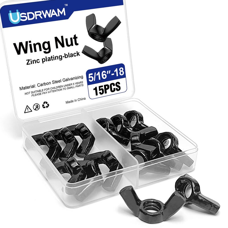 Usdrwam 15Pcs 5/16"-18 Wing Nuts Kit, Zinc Plating-Black Wing Nuts Butterfly Fasteners, Hand-Tighten Hardware Nuts Kit for Easy Assembly and Secure Fit Furniture - Image 1